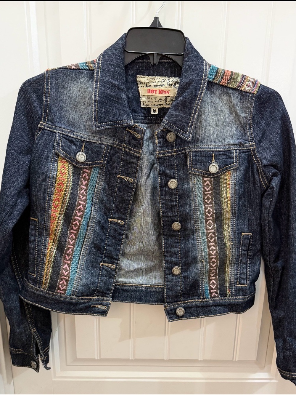 Hot Kiss Embroidered Stripe Denim Jacket -western boho juniors M